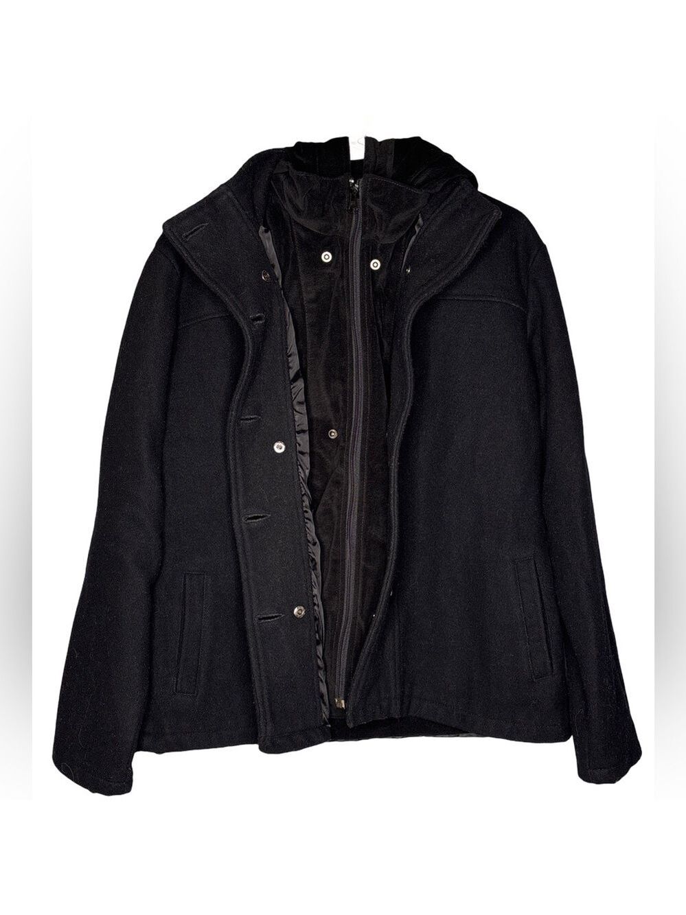 Men’s  Black Pea Coat with detachable Hooded Vest 36/XXL